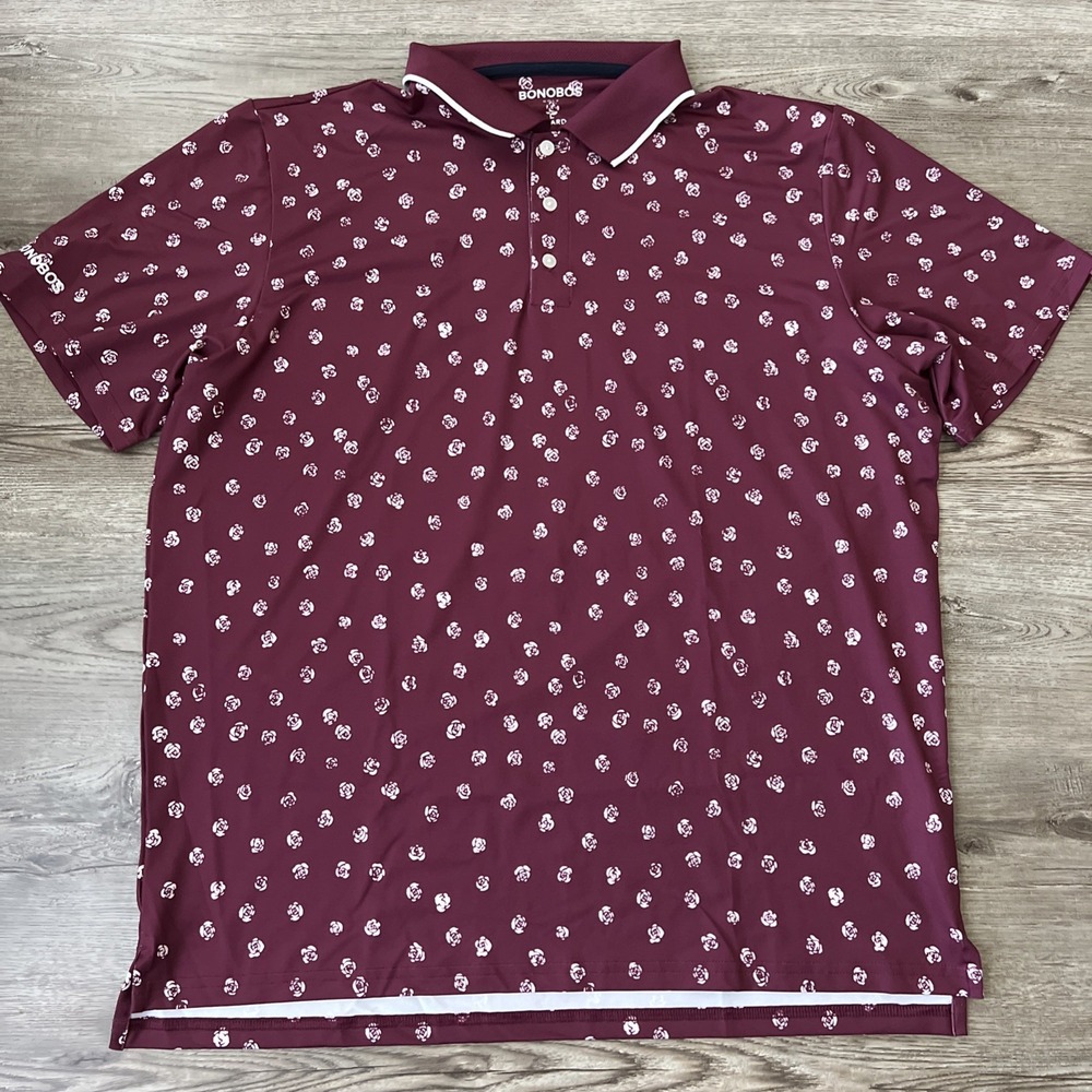 Bonobos Golf Rose Print Performance Polo Shirt Mens L Standard Fit Burgundy